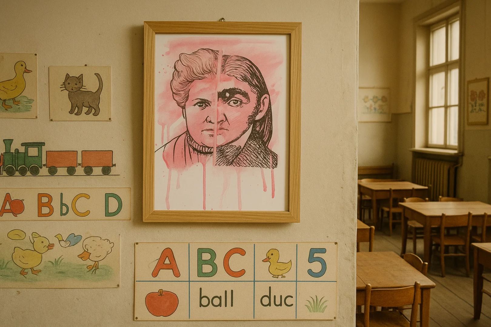 Kunstwerk von Vivian – Montessori und Fröbel im Montessori-Diplomlehrgang Künstlerisches Porträt von Maria Montessori und Friedrich Fröbel, erstellt von Teilnehmerin Vivian im Rahmen ihres Montessori-Diplomlehrgang