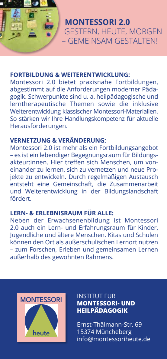 Rückseite des Flyers „Montessori 2.0“ mit inhaltlichen Beschreibungen zu Fortbildung, Vernetzung und Lernräumen