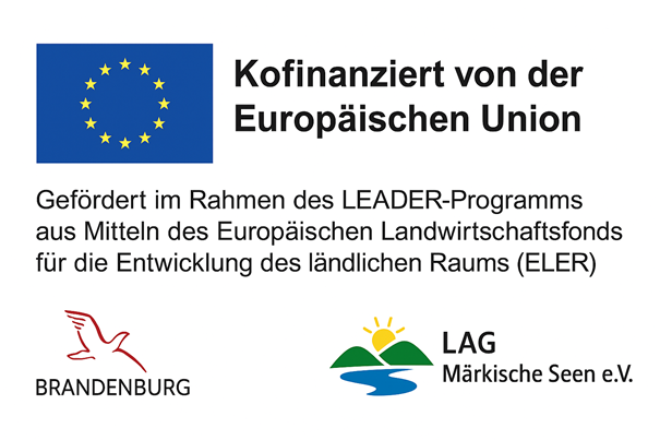 Logos der Förderer: Europäische Union, Land Brandenburg, LAG Märkische Seen e.V. – Kofinanziert aus dem LEADER-Programm (ELER).