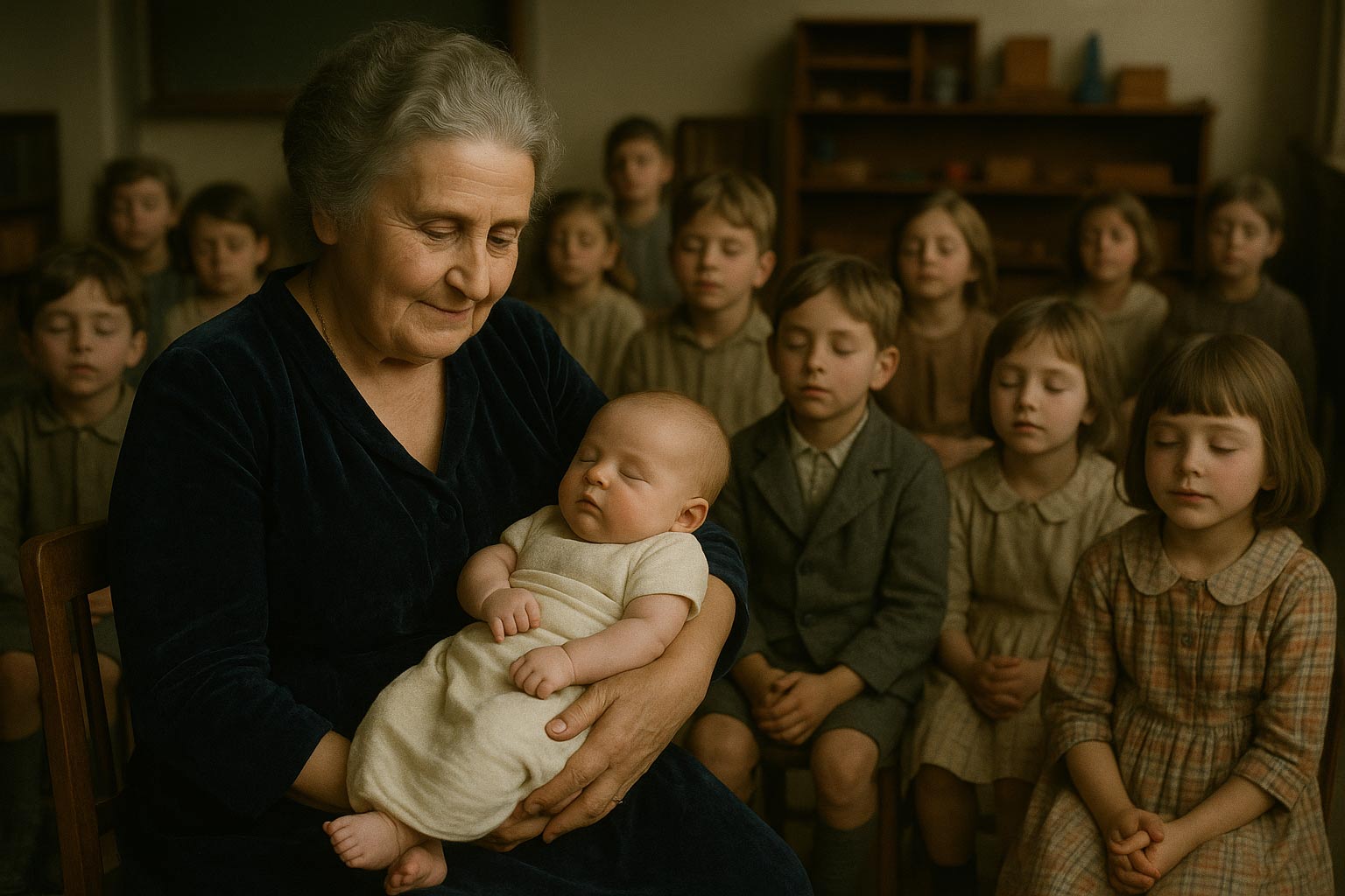 Illustration: Maria Montessori mit einem Baby im Arm, umgeben von Kindern – nachempfundene Ursprungsszene der Stilleübung KI-generierte