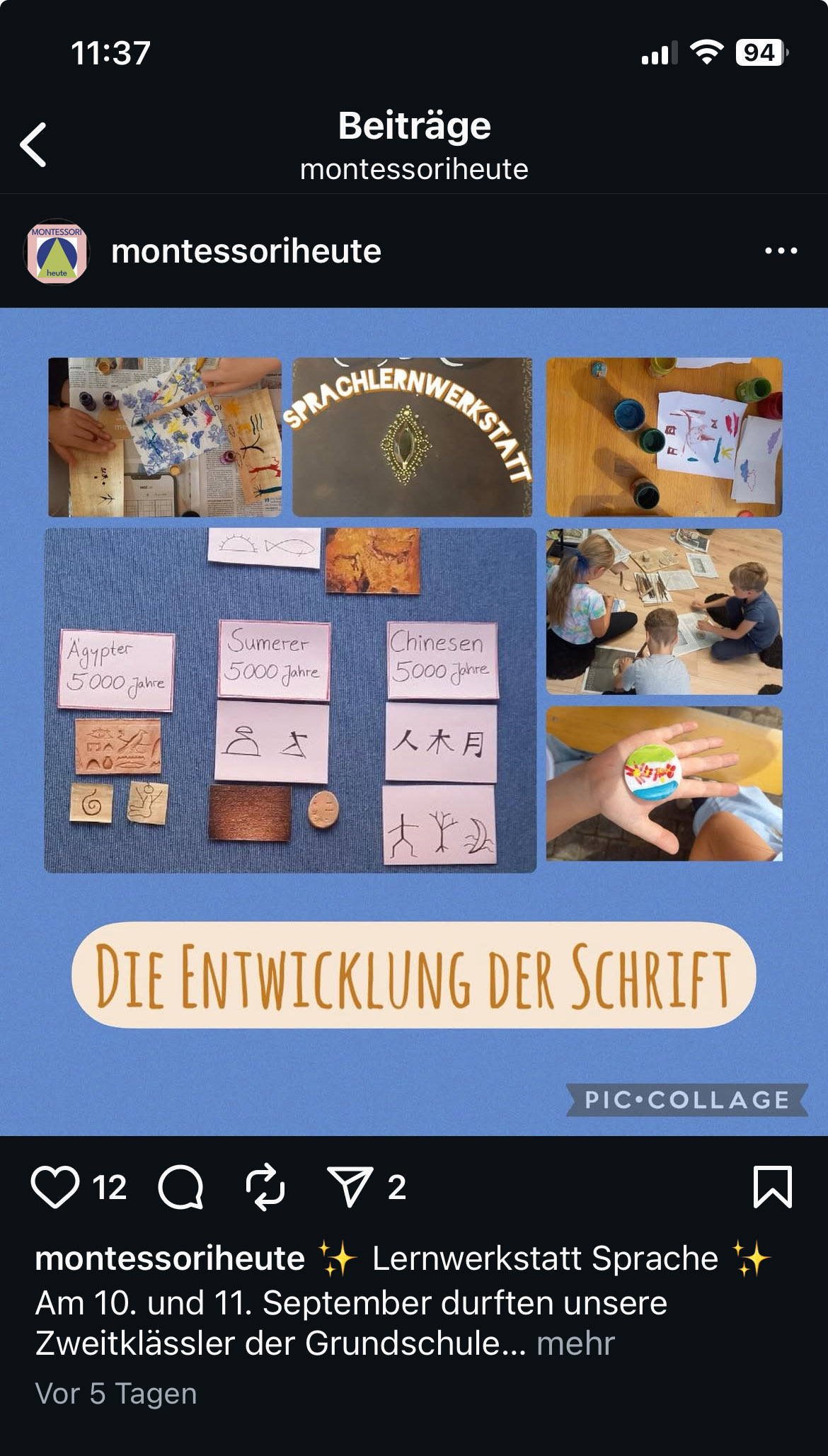 Vorschau zum Instagram-Kanal von Montessoriheute: Lernwerkstatt Sprache mit Kindern und Materialien zur Schriftentwicklung.