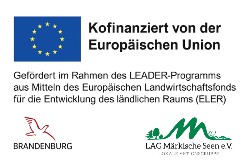 Logos der Förderer: Europäische Union, Land Brandenburg, LAG Märkische Seen e.V. – Kofinanziert aus dem LEADER-Programm (ELER).<br />
